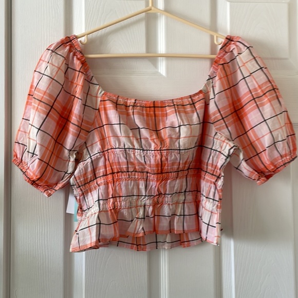 Abound coral plaid blouse puff sleeve country cowgirl western - Picture 7 of 7